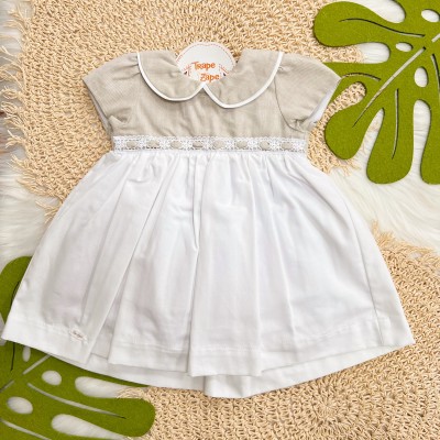Vestido Manga Curta Bicolor - Areia e Off White